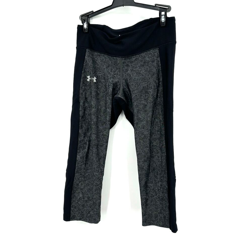 Under Armour Size Medium Capri Legging Black Gray Zipper Pocket Vented Heat Gear
